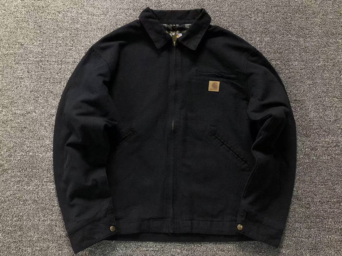Black canvas work jacket with corduroy collar, front