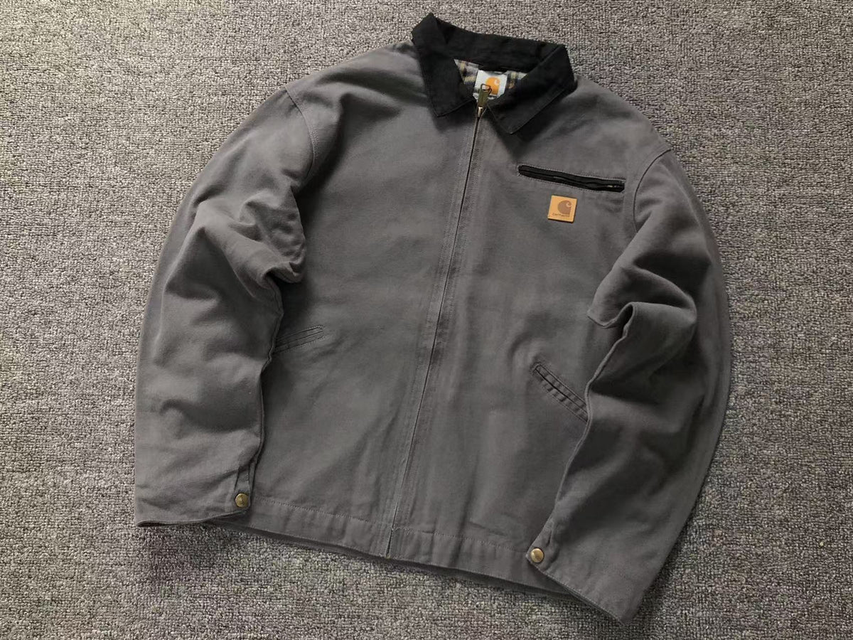 Grey canvas work jacket with corduroy collar, front