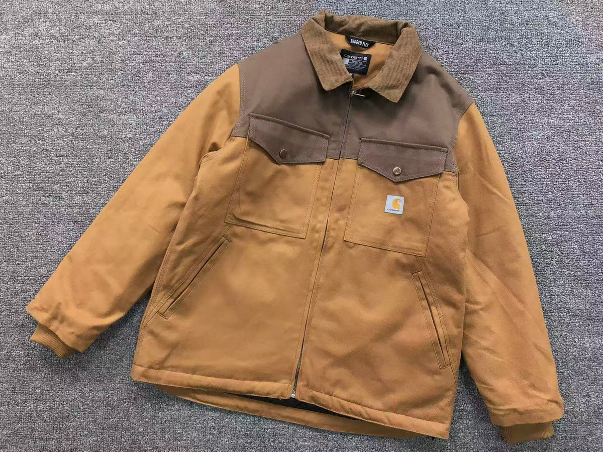 Tan lined canvas work jacket with brown yoke, front