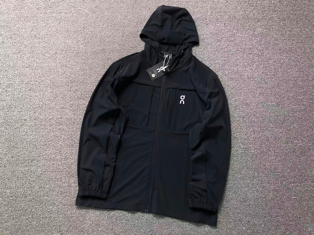 Black stretch hooded zip jacket with chest pocket