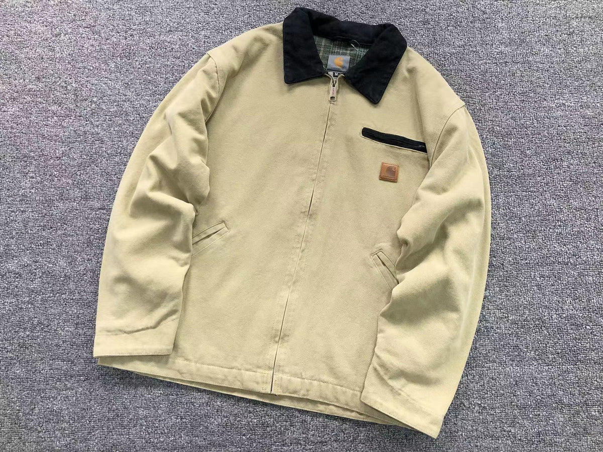 Cream washed canvas work jacket with corduroy collar, front
