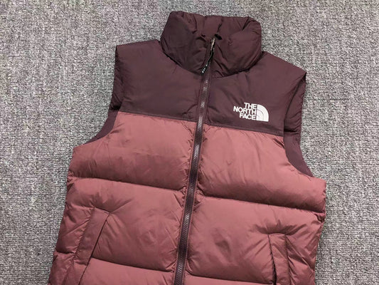 Burgundy puffer gilet, product view