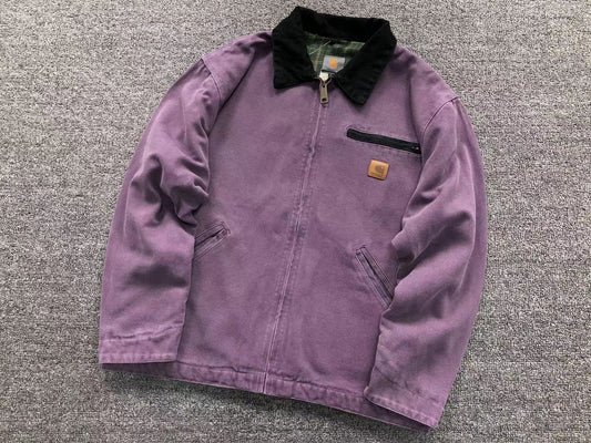 Lavender washed canvas work jacket with corduroy collar, front