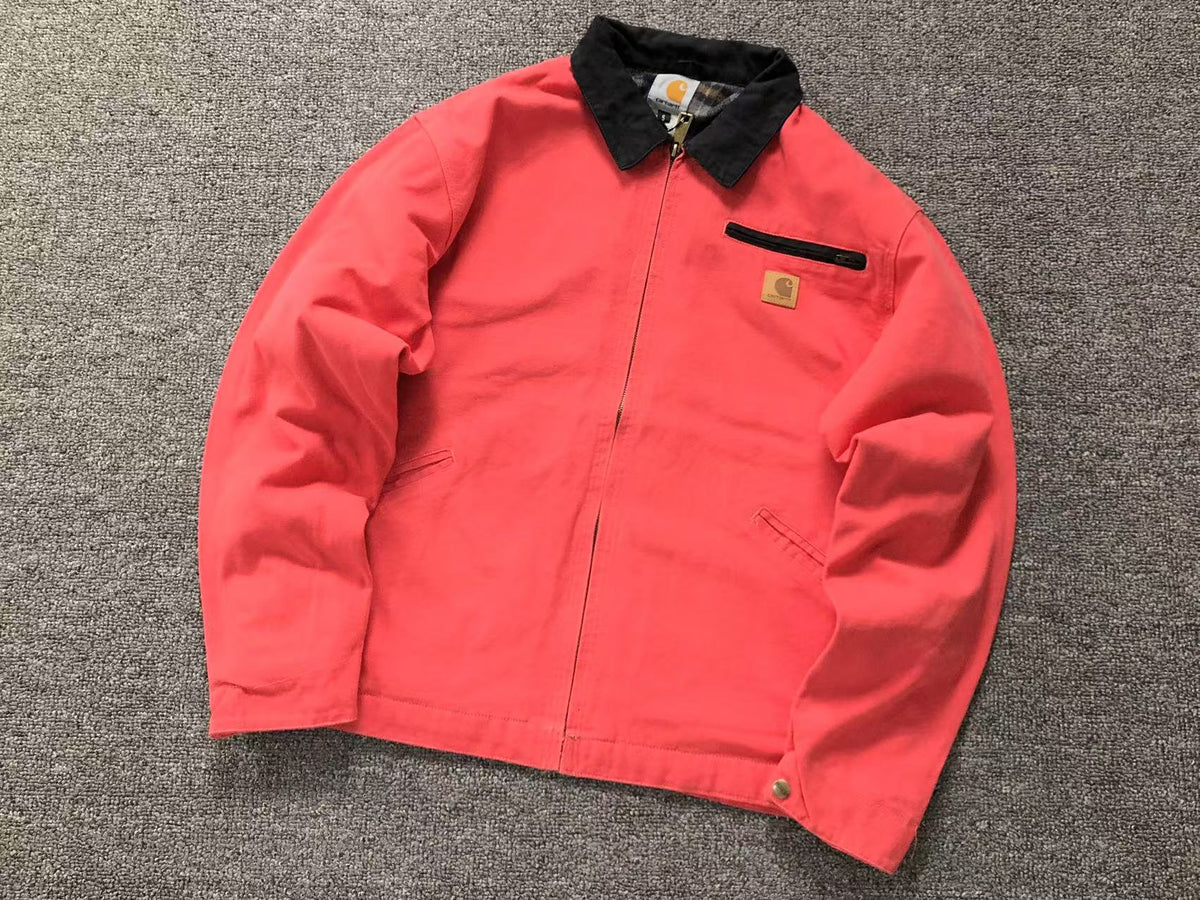 Red canvas work jacket with corduroy collar, front