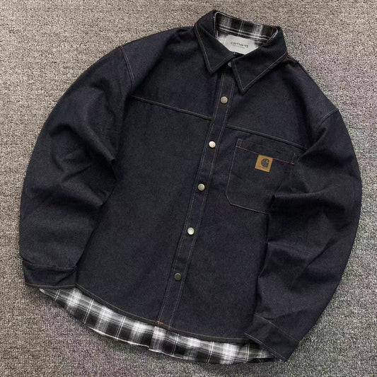 Dark denim shirt jacket, angled front