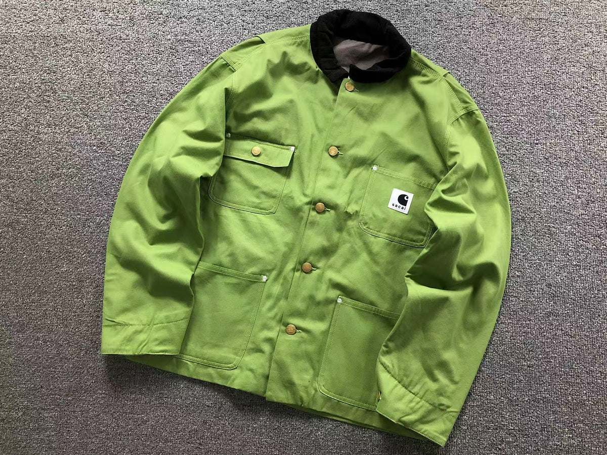 Lime green chore coat with corduroy collar, front
