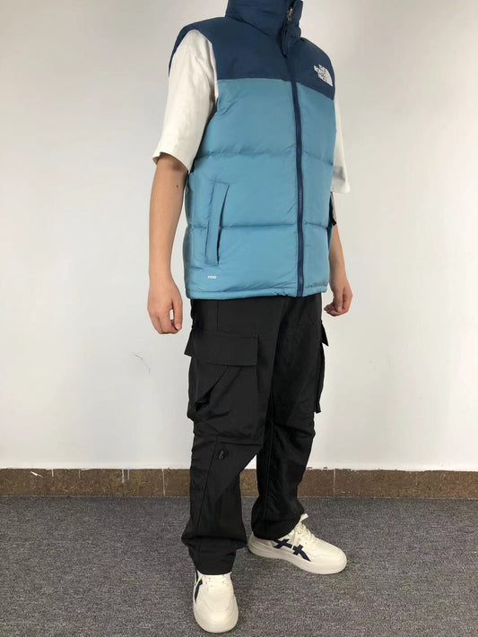 Light Blue puffer gilet worn, side