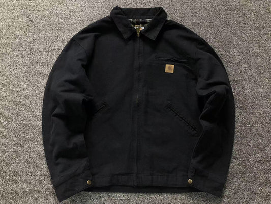 Black canvas work jacket with corduroy collar, front