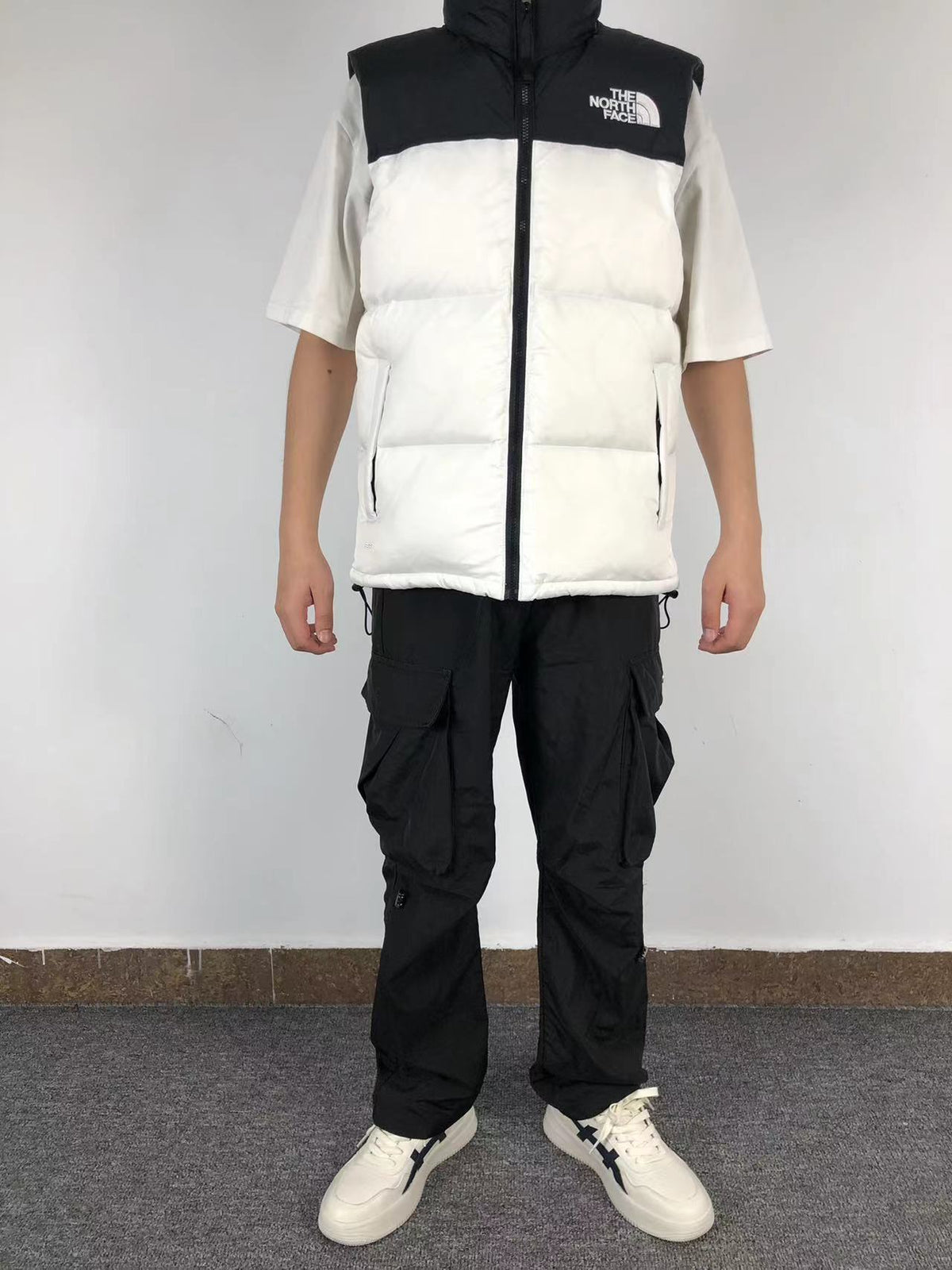 White puffer gilet worn, front