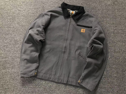 Grey canvas work jacket with corduroy collar, front