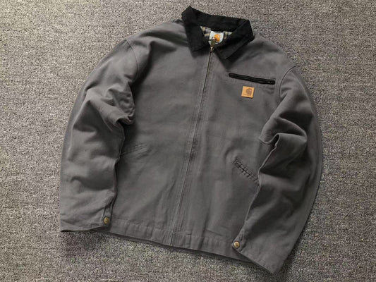 Grey canvas work jacket with corduroy collar, front