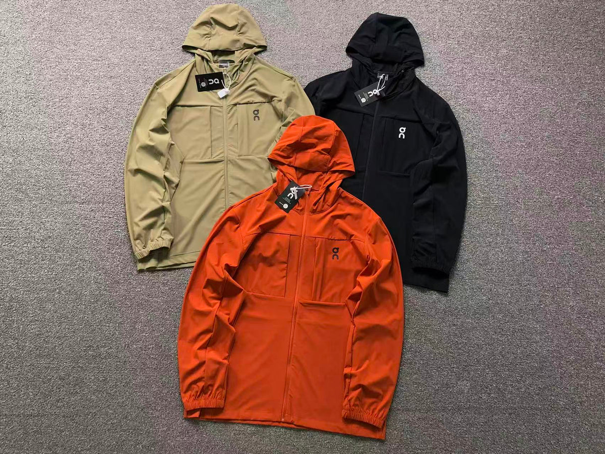 Stretch hooded zip jackets in khaki, orange and black