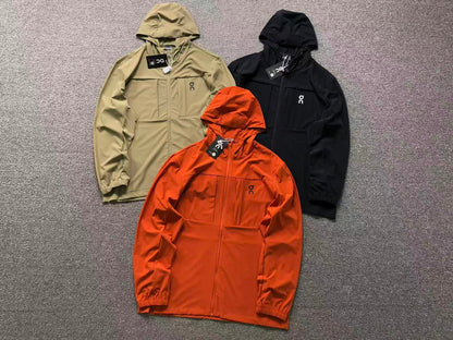 Stretch hooded zip jackets in khaki, orange and black