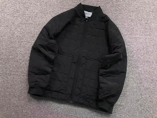 Black quilted liner jacket, angled front
