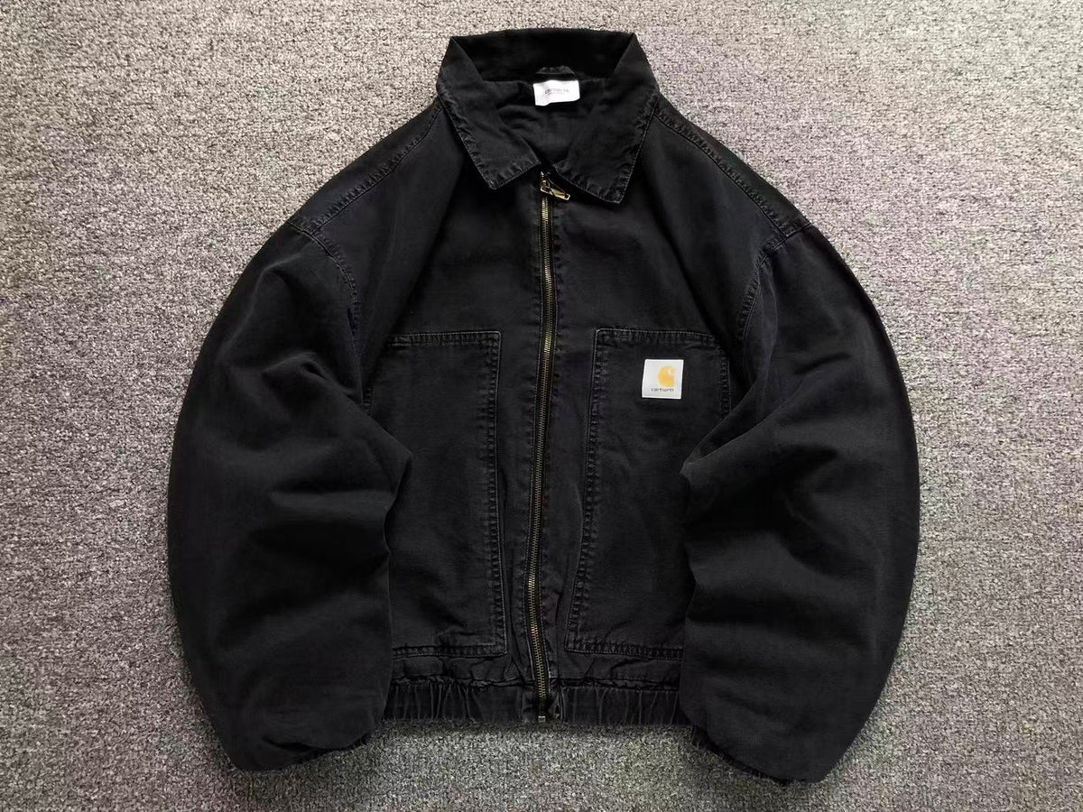 Washed black canvas bomber jacket, front