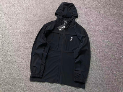 Black stretch hooded zip jacket with chest pocket