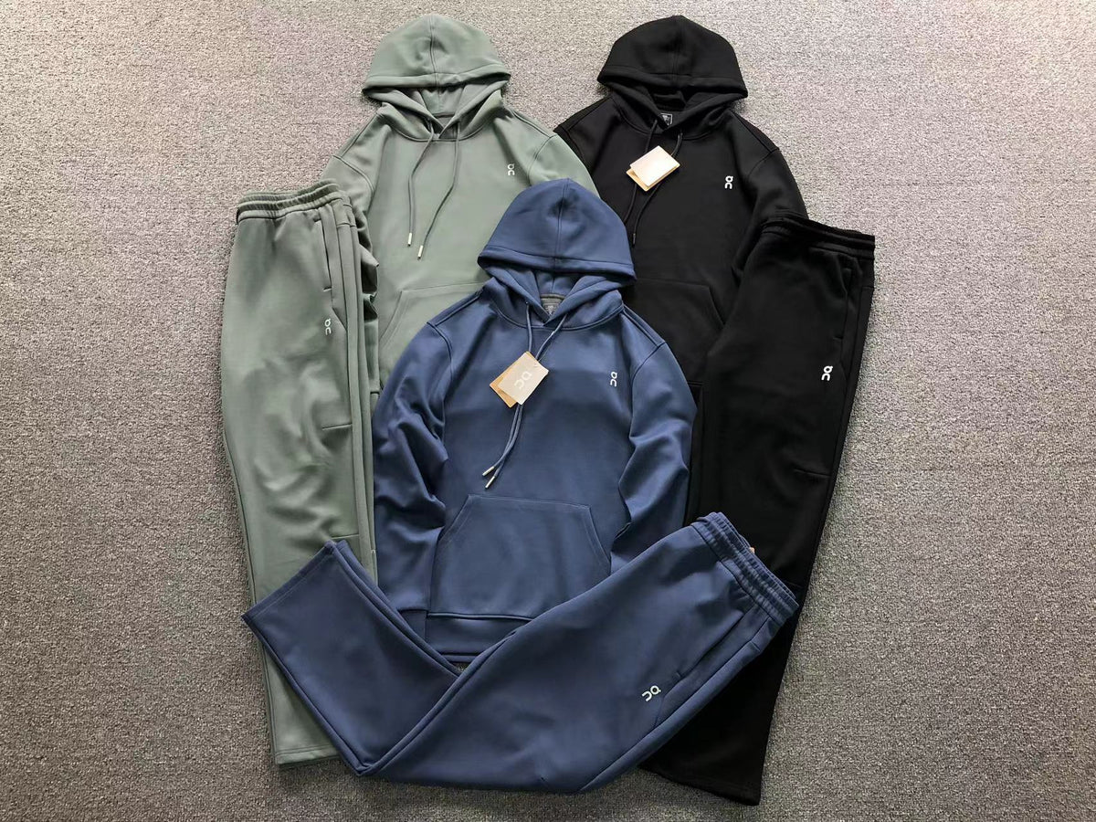 Pullover hoodie tracksuits in sage, blue and black
