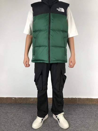 Green puffer gilet worn, front
