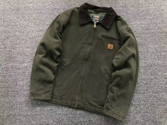 Dark Green washed canvas work jacket with corduroy collar, front