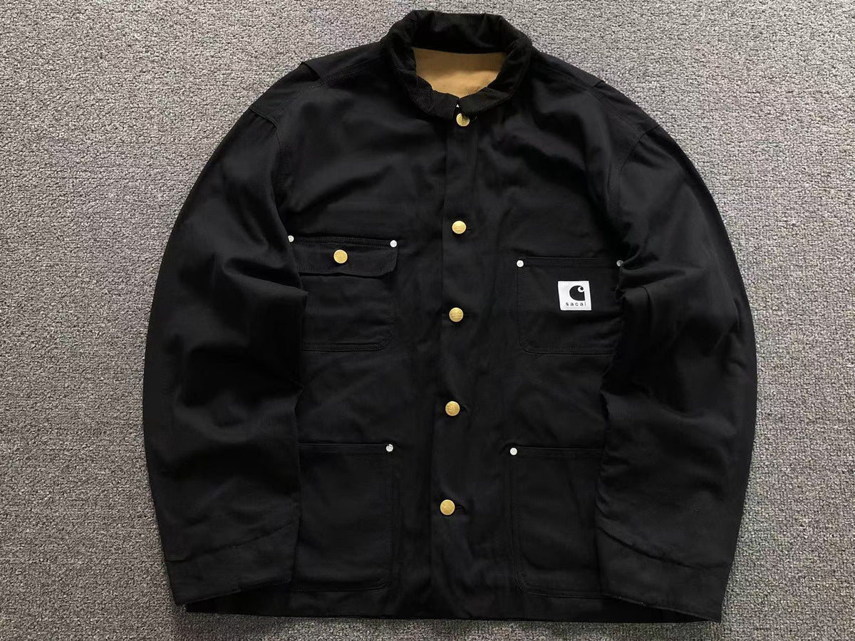 Black chore coat with corduroy collar, front