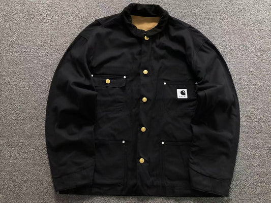 Black chore coat with corduroy collar, front