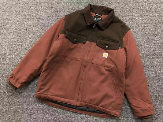 Rust lined canvas work jacket with dark brown yoke, front