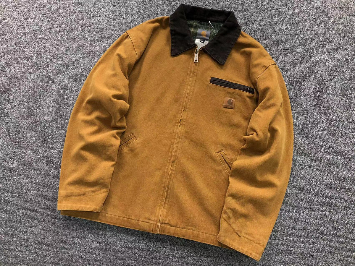 Mustard washed canvas work jacket with corduroy collar, front