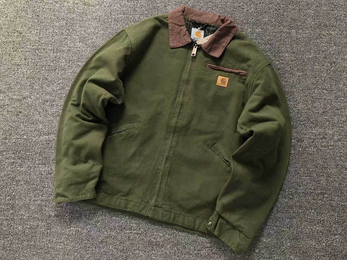 Olive canvas work jacket with corduroy collar, front