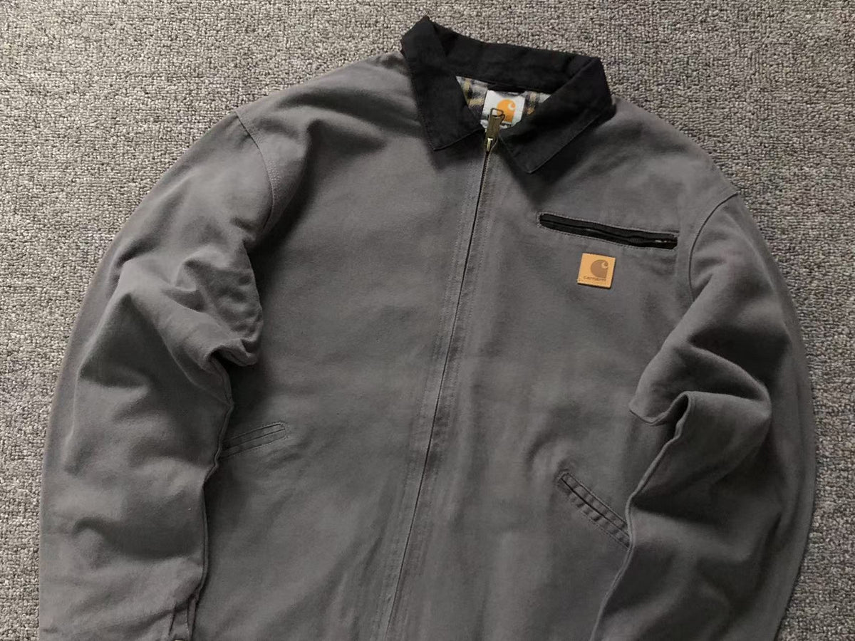 Grey canvas work jacket with corduroy collar, front