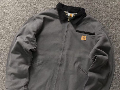 Grey canvas work jacket with corduroy collar, front