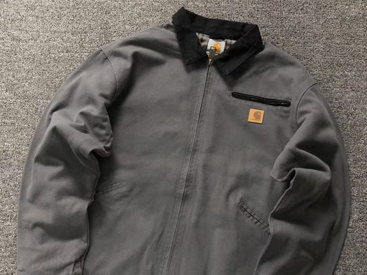 Grey canvas work jacket with corduroy collar, front