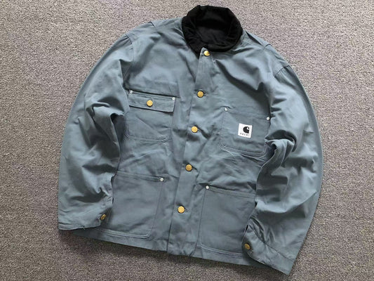 Light blue chore coat with corduroy collar, front
