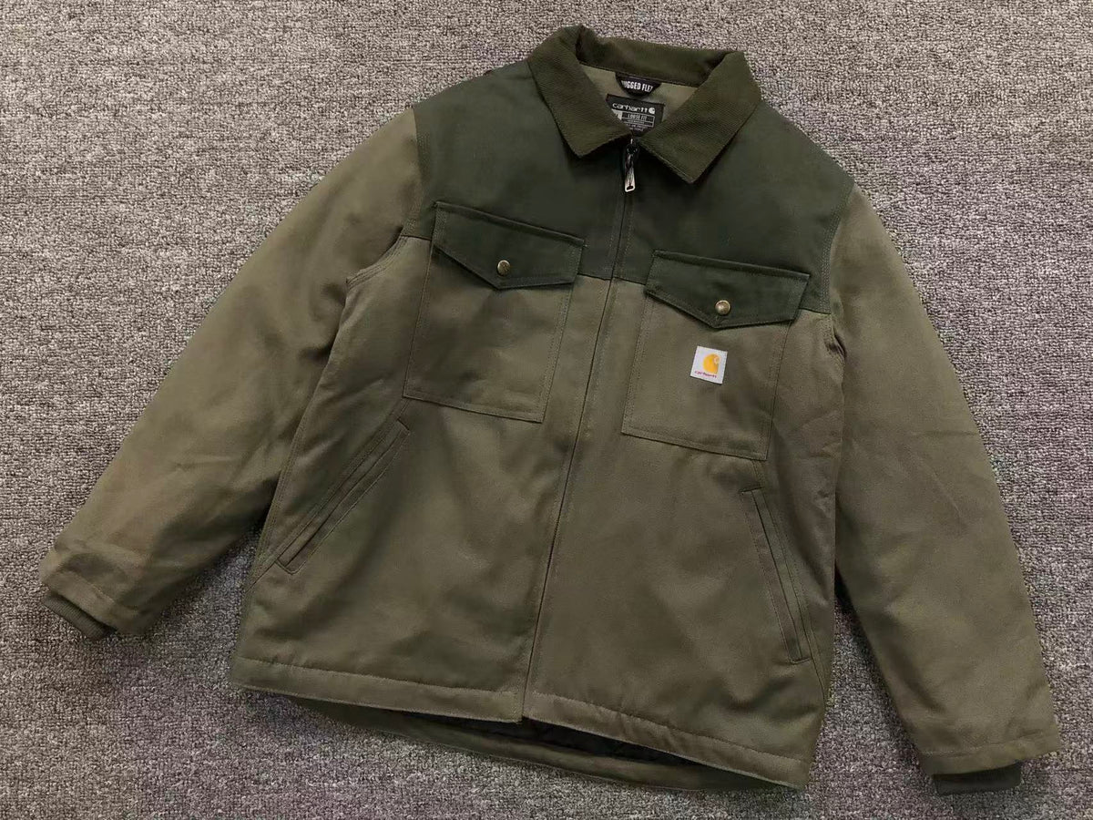Olive lined canvas work jacket with dark green yoke, front