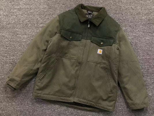 Olive lined canvas work jacket with dark green yoke, front