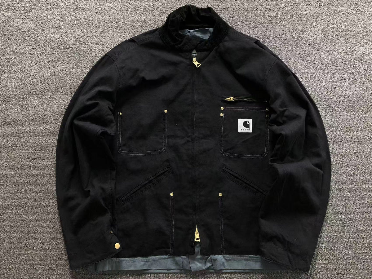 Black zip work jacket with corduroy collar, front