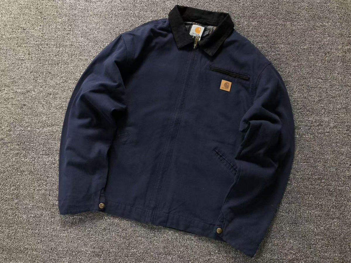Navy canvas work jacket with corduroy collar, front