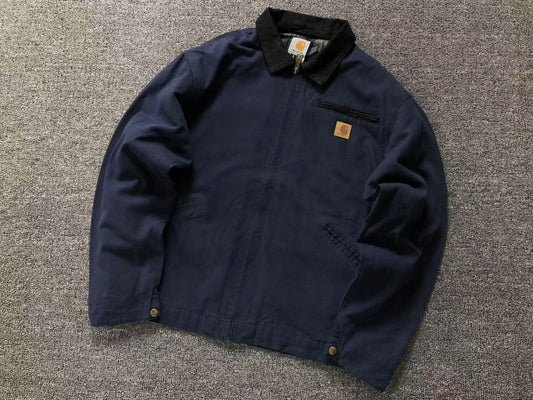 Navy canvas work jacket with corduroy collar, front