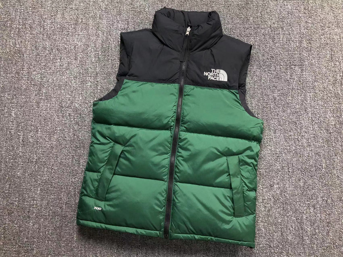 Green puffer gilet, product view