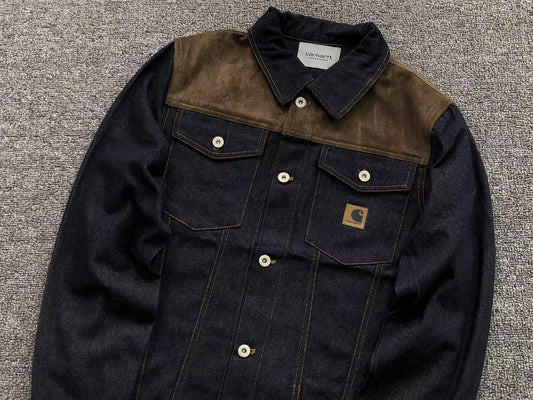 Dark denim trucker jacket with brown yoke, front