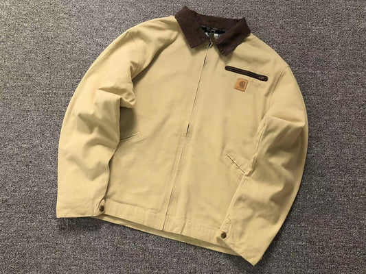 Cream canvas work jacket with corduroy collar, front