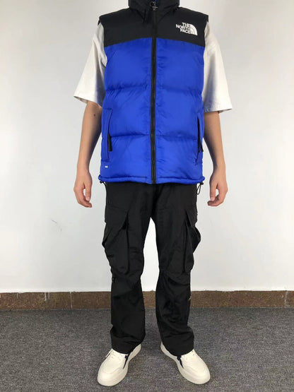 Cobalt Blue puffer gilet worn, front