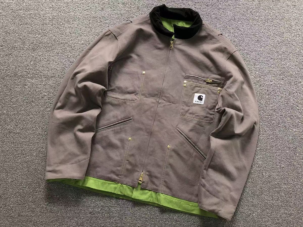 Taupe zip work jacket with corduroy collar, front