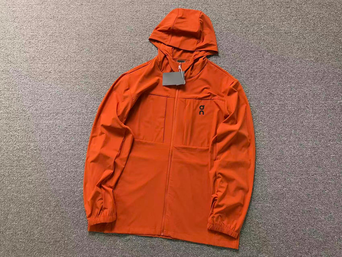 Orange stretch hooded zip jacket with chest pocket