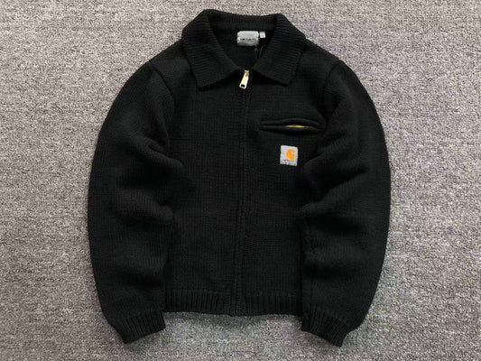Black chunky knit zip jacket, front