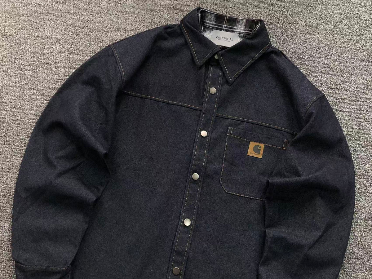 Dark denim shirt jacket, close front