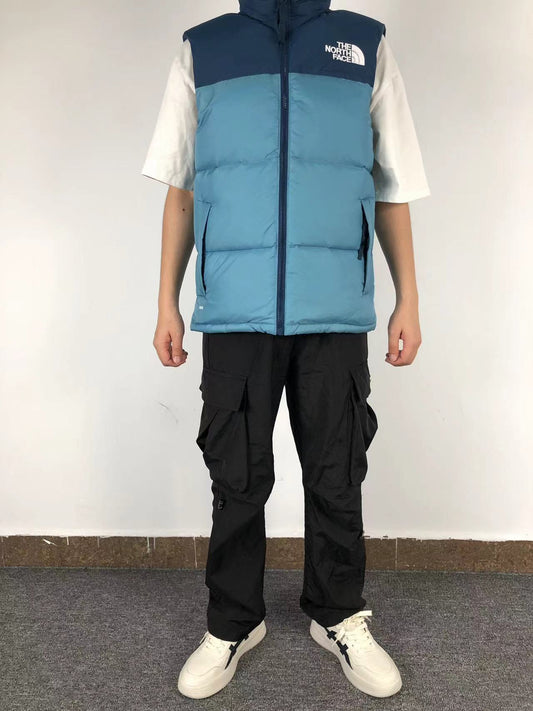 Light Blue puffer gilet worn, front