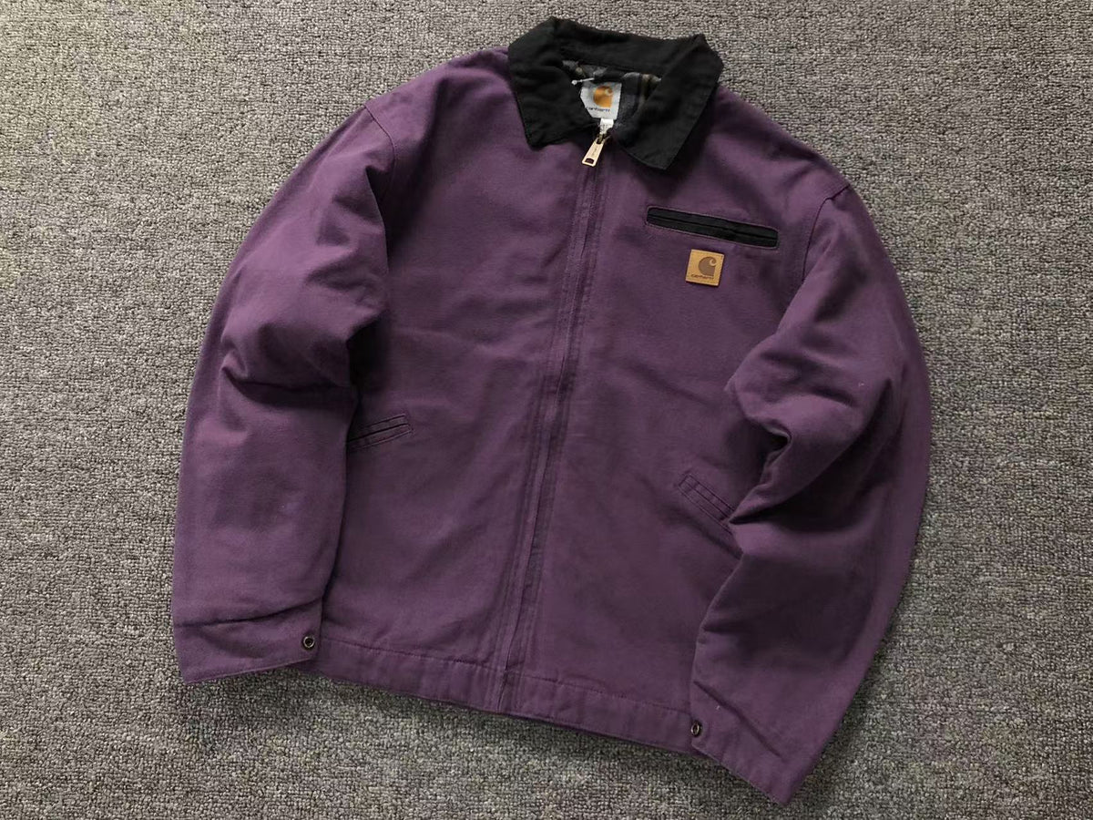 Purple canvas work jacket with corduroy collar, front
