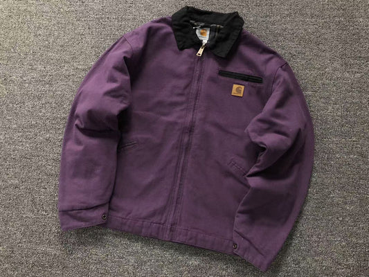 Purple canvas work jacket with corduroy collar, front