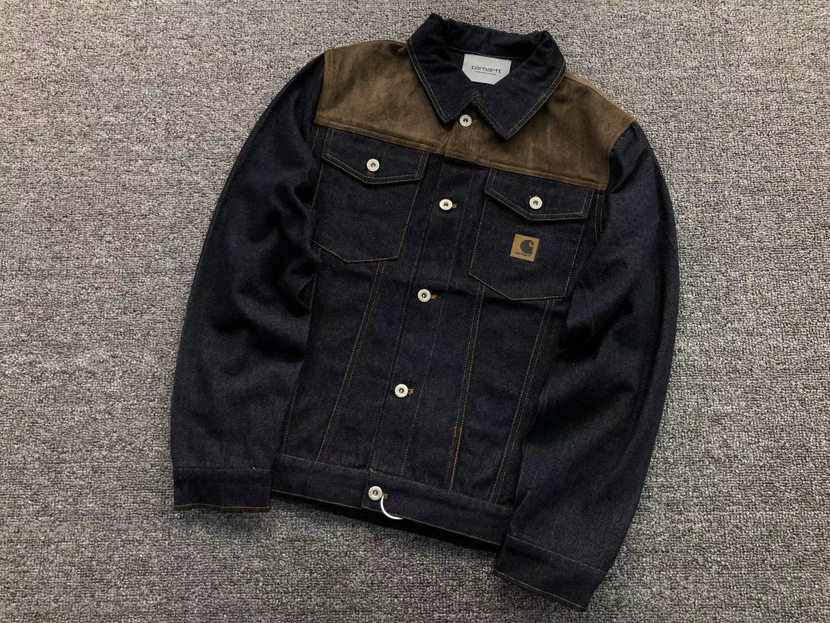 Dark denim trucker jacket, angled front
