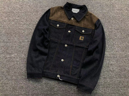 Dark denim trucker jacket, angled front